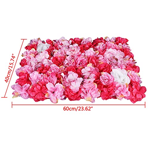 12 Pcs Artificial Flower Wall Panels 60x40cm 3D Flower Background for Wall, Wedding Flower Decorations Wall Silk Rose Panels for Photo Areas, Stage, 24 x16inch (Dahlia + Rose + Hydrangea) - color: 12 Pcs Rose Red Deep Powder