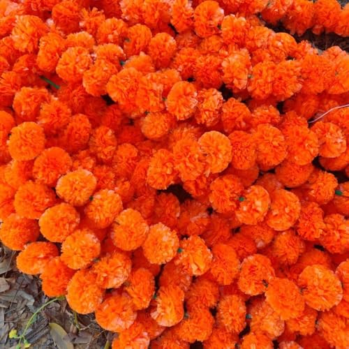Artificial Marigold Garland for Decoration 5 Pcs of 5 feet Long Strands Artificial Marigold Flowers, Indian Decor for Pooja, Wedding Christmas, Events Decorations (Orange) - color: Orange