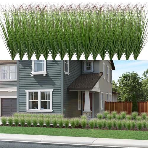 48Pcs Artificial Grass Plants Outdoor Faux Shrubs Wheat Grass Green Onion Grass Artificial Greenery Tall Stems for Indoor Outdoor Office Home Decor（Green Red Tail） - color: Green Red Tail, size: 48Pcs