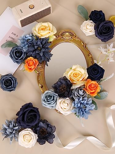 Navy Blue Artificial Flower Box, Silk Dahlia Rose Faux Flowers with Stems for DIY Wedding Bouquets Centerpieces Arrangements Table Decor Baby Shower Party - color: Adela Classic Navy Blue