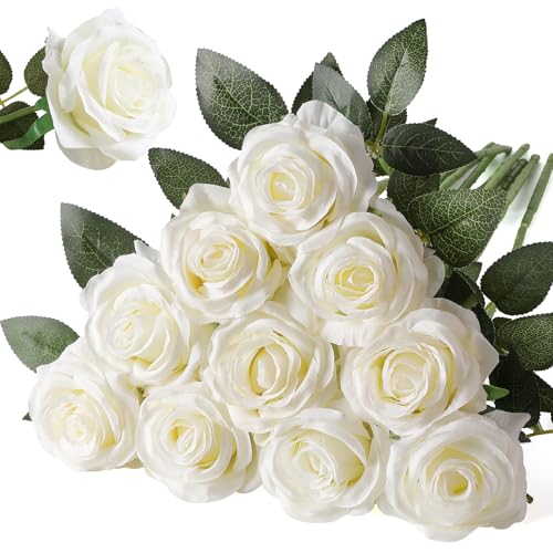 Nubry Artificial Silk Rose Flower Bouquet Lifelike White Fake Rose for Wedding Home Party Decoration Event Gift 10pcs (Off White) - color: Off White