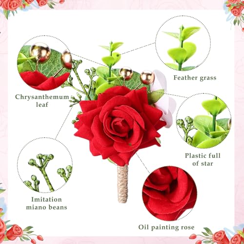 Sherr 20 Pcs Red Rose Wrist Corsage and Boutonnier Set Wedding Flower Corsage Wristlet Band Bracelet Bridegroom Men's Boutonniere Wristlet Hand Flower for Wedding Bouquets Supplies - color: Bright Red