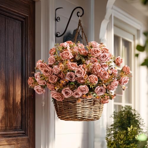 Artificial Rose Flowers for Outdoor 4 Bundles Rose Bouquet with Daisy Faux Flowers UV Resistant for Home Indoor Outside Garden Porch Window Box Balcony Yard Porch Fall Decor (Brown) - color: Brown