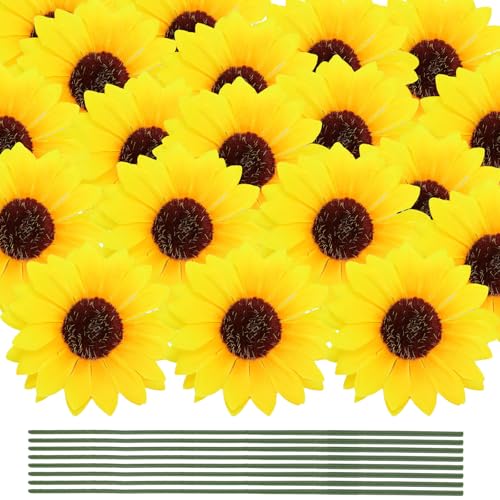 60 Pcs Artificial Sunflowers with Stems - 4 Inches Realistic Silk Fabric Flowers for Home Decor, Wedding, Centerpieces & Crafts Thanksgiving Decorations – Bright Yellow Fake Flowers