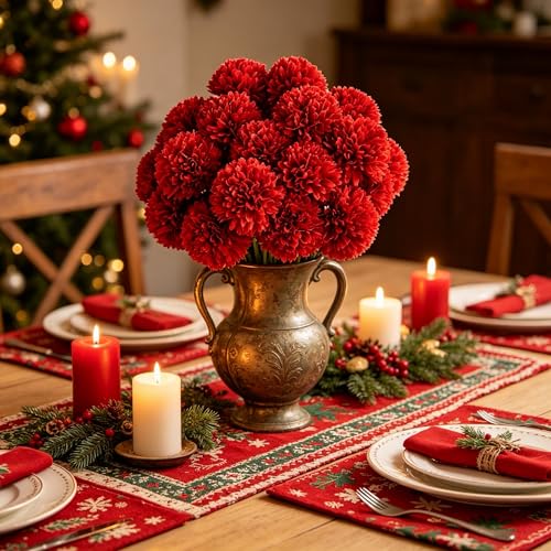 Kimura's Cabin 20Pcs Burgundy Red Chrysanthemums Artificial Flowers Silk Fake Mums Flowers with Stem for Home Table Centerpiece Christmas Floral Arrangement Halloween Decor - color: Red