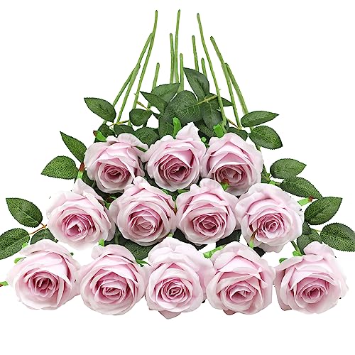 Tifuly Light Purple Roses Artificial Flower - 12 Pcs Long Stem Silk Roses, Realistic Fake Roses with Stems for Bridal Bouquets, Home and Office DIY Decor - color: Light Purple