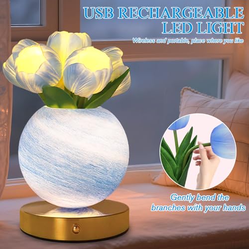 Tulip Table Lamp, Rechargeable Cordless Touch Dimming Artificial Tulip Flower Desk Lamp, LED Flower Bedside Night Light Romantic Gifts for Girl Women Mom (Blue Tulip) - color: Blue Tulip