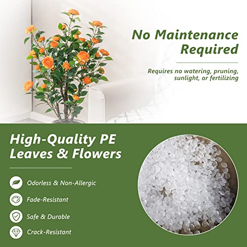 Goplus 40” Artificial Camellia Tree, 2 Pack Flower Plants Artificial Tree, Faux Floral Plant Blooming Tree in Cement Pot, Greenery Potted Plant for Indoor Outdoor Office Home Porch Decor - color: Orange, size: 40 inch×2