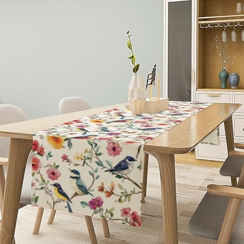 Summer Bird Floral Table Runner,Spring Birds Table Runner Burlap Table Decoration for Seasonal Home Kitchen Dining Dinner Indoor Holiday Farmhouse Decor 13x36 in - color: Bird_10, size: 13x36inch
