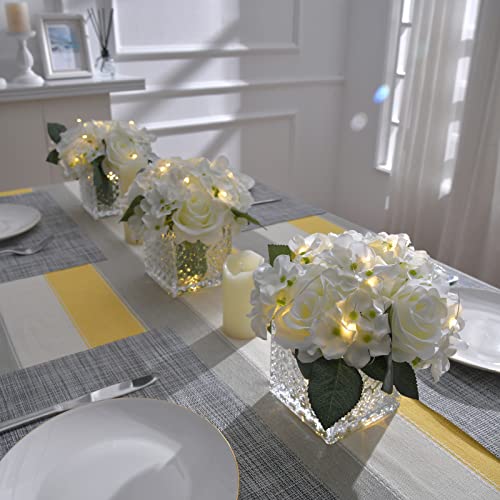 Fule Artificial Silk Rose Flower Centerpiece Arrangement in Glass Vase with LED Light for Home Wedding Decoration (White) - color: White