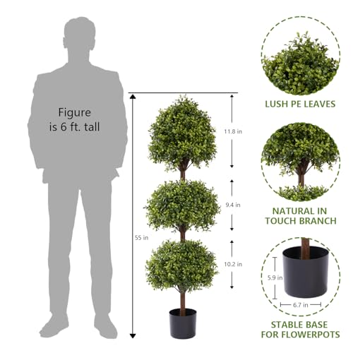 THE BLOOM TIMES 55" Tall Artificial Boxwood Triple Ball Topiary Trees, UV Resistant Large Fake Potted Plants for Outdoor Planter, Realistic Faux Bushes Shrubs for Front Porch Outside Decor Set of 2 - color: Boxwood-dgjl, size: 55 inch