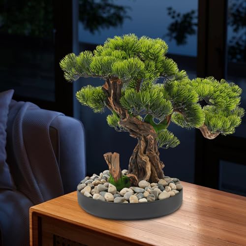 17.7 Inches Artificial Bonsai Tree Desktop Artificial Bonsai Pine Tree Indoor Fake Plants Decor with Metal Pots for Home Table Office Living Room Bedroom Desk Decorations, Green & Brown