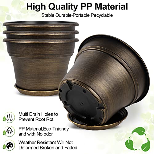Plant Planters Pots Set of 4 Pack 10 Inch, Plastic Flower Pot For Indoor Plants With Drainage Holes & Trays, Resin Decorative Container Sets With Saucer For House Outdoor Garden Planters Dark Gold - color: Gold, size: 10 inch-4 pack