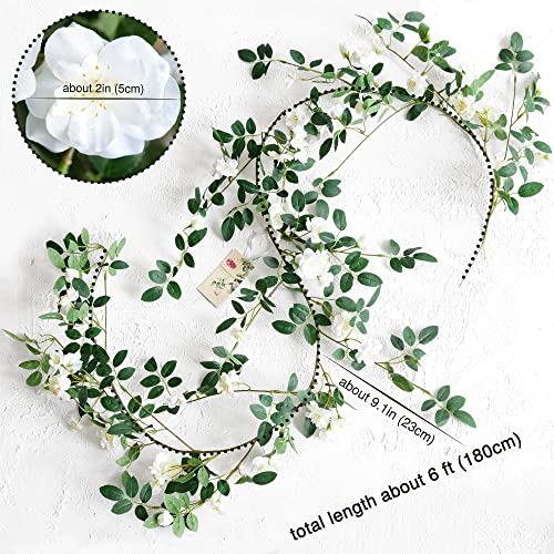 FiveSeasonStuff White Wild Rose Vine Garland, Two Faux Silk Floral Garlands with Greenery, Bendable Decorative Vines 12 ft Total - color: White