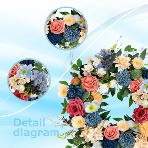 22 inch Spring Wreath Artificial Flower Wreaths Spring Summer Yellow Blue Rose Hydrangea Wreaths Front Door Hallway Window Decoration Wedding Birthday Decoration - color: Wreath