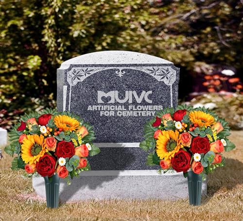 MUVIC Artificial Cemetery Flowers for Outdoor Grave Decorations，Memorial Flower- Realistic Sunflower Rose - Sympathy Bouquet