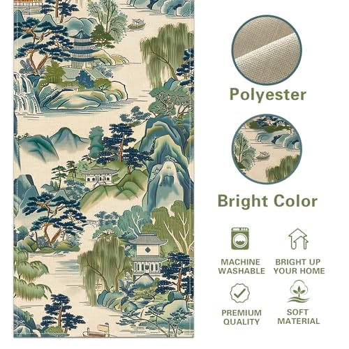 Chinoiserie Vintage Style Mountain Dining Table Runner, Landscape Painting Art Burlap Kitchen Decoration, Retro House Trees Indoor Outdoor Home Decor Party Supply 13x36 Inches - color: Landscape Painting, size: Table Runner 13''X36''