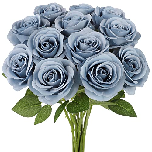 JUSMAI 12pcs Roses Artificial Flowers Dusty Blue Silk Roses with Long Stems Fake Flowers for Wedding Bouquet Centerpices Decorations Party Bridal Baby Shower Home Decor - color: Dusty Blue, size: 12PCS