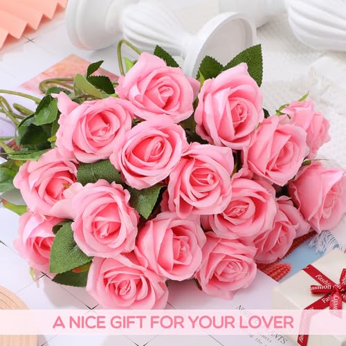 Hotop 80 Pcs Rose Artificial Flowers Bulk with Long Stem, Silk Roses Realistic Fake Flowers Bouquet for Wedding Table Centerpieces Bridal Shower Party Home Decorations(Pink) - color: Pink