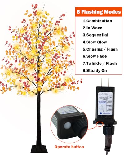 Uieke 4FT 48LED Lighted Fall Eucalyptus Tree Artificial Fall Tree with 12PCS Pumpkins & 8 Modes Thanksgiving Fall Decorations for Home Autumn Decor Indoor Outdoor - style: 4FT Fall Tree(1Pack)