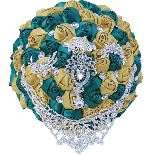 Handmade Luxury Wedding Bridal Bouquet Large Silk Rose Holding Toss Artificial Flowers Bouquets with Satin Ribbon Pearls Rhinestone for Bride Vintage Royal Wedding Bouquet (Dark Green+ Golden) - color: Dark Green+ Golden