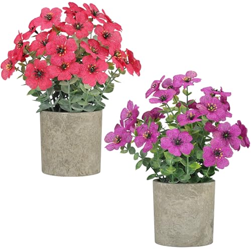 2 Pack Small Fake Plants Potted Artificial Plants Artificial Flowers Potted Faux Flower Daisy with Eucalyptus Leaves for Home Decor Office Room Farmhouse Indoor Table Bathroom Decor（Purple&magenta） - color: Purple and Magenta