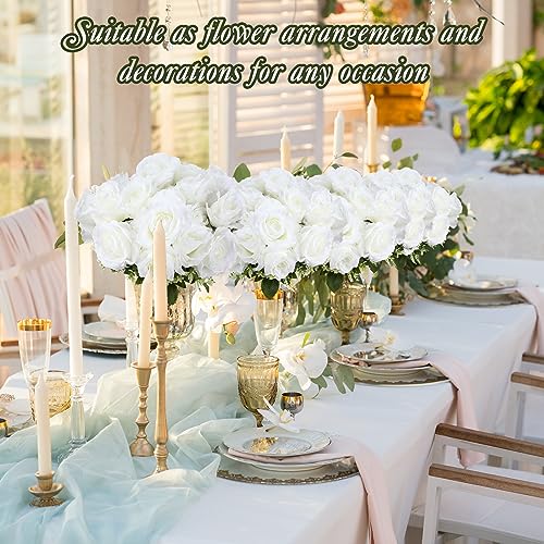 Zeyune White Artificial Wedding Roses Bulk, 8 Bouquets (56 Heads) Silk Bridal Bouquet Flowers for DIY Wedding Centerpieces Bridesmaid Decor, 17.3 Inch