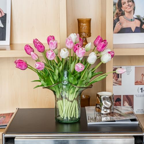DUYONE 40pcs Artificial Tulips Flowers,Soft Touch Latex Bouquet,Fake Tulips for Office Wedding Party Home Kitchen Garden Decoration - color: 40pcs Peachblow Set (No Vase)