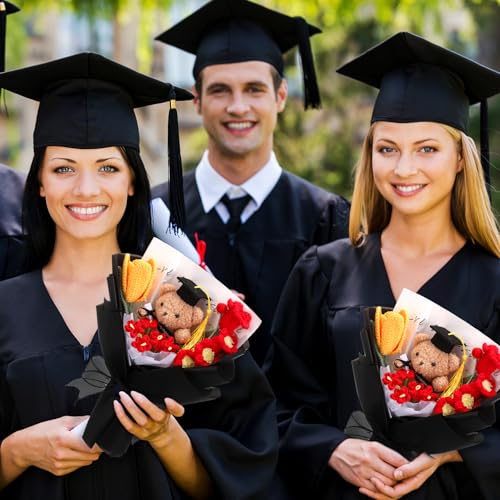 Graduation Crochet Flower Bouquet Set Includes Bear Knitted Tulips Forget-me-nots Lily of the Valley Greeting Card Gift Bag 2026 Black Flower Bouquet Graduation Gift - color: Black, style: Knitted Bear and Tulip