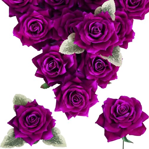 Artificial Roses Purple Silk Flowers 4.3" Purple Velvet Roses Artificial Flowers 16PCS Real Lookong Faux Flowers with Stems for DIY Wedding Party Baby Shower Home Decoration(Purple) - color: 4.3" Purple