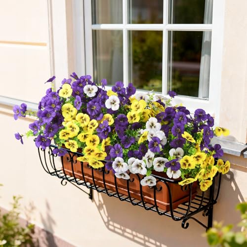 Artificial Fake Pansy Flowers for Outdoors, 12 Pcs Faux Silk Pansies Flower for Spring Summer Decoration, UV Resistant Fake Plants for Outside Planter Porch Yard Patio Home Decor(Purple Yellow White) - color: Deep Purple, Yellow, White