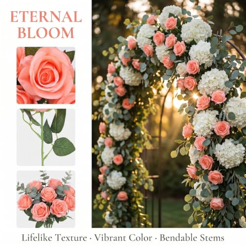 52pcs Coral Peach Roses Artificial Flowers Fake Flowers Silk Roses with Stems for DIY Wedding Bouquets Bridal Shower Centerpieces Arrangements Party Decorations - color: Coral Peach