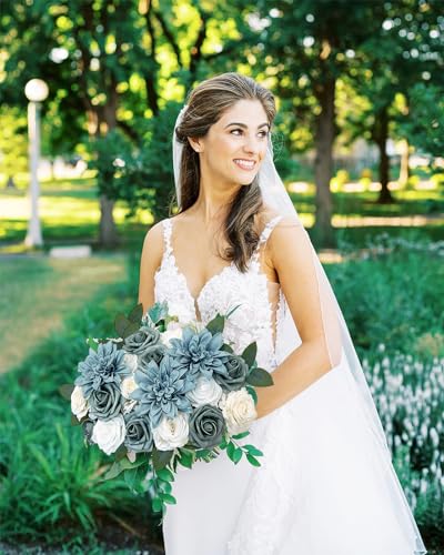 FACINOC Roses Artificial Flowers Blue Fake Flower Bulk for DIY Wedding Bouquets Bridal Baby Shower Centerpiece Table Decorations Silk Faux Floral Arrangements for Party Home Decor Indoor Dusty Blue - color: F (Blue, White Fake Flowers)