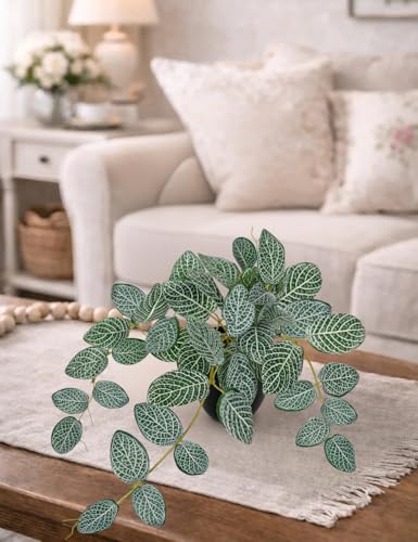 17.7" Artificial Plants Indoor Home Decor, Fake Potted Silk Plants for Shelves, Desks, Living Room, Home & Office Decor, Small Artificial Ivy Vine Nerve Plant in Pot, Faux Greenery Tropical Plant - color: #Green Nerve Ivy Plant