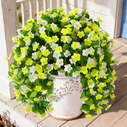 Artificial Fake Hanging Flowers for Outdoors, 2 Pcs Artificial Hanging Plants Outdoors Spring Summer Decor, UV Resistant Faux Violet Silk Flowers for Planters Front Door Yard Garden(Yellow White) - color: Yellow White
