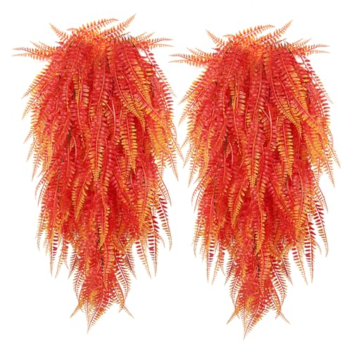 RECUTMS Artificial Hanging Plants 4Pcs Fake Boston Fern Real Touch Faux Greenery Leaves UV Resistant Plastic Ivy Vines for Patio Wall Home Garden Wedding Indoor Outdoor Decor (A-Gold) - color: Fall