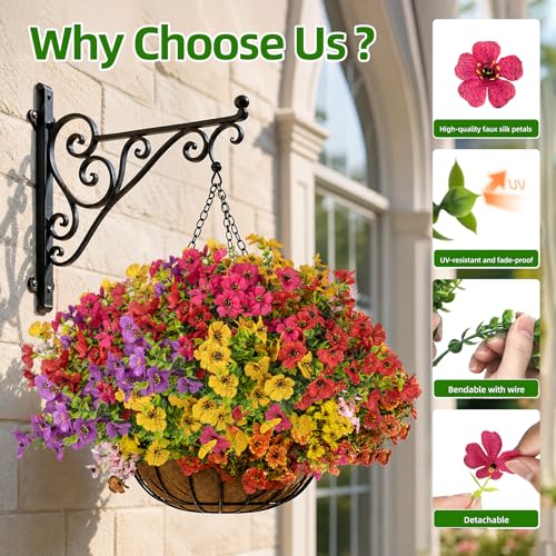 CLEANGOR 12 Pcs Artificial Daisy Flowers for Outdoors (6 Color) | UV Resistant Artificial Outdoor Plants, Fake Daisy with Eucalyptus Leaves, for Spring Summer Garden, Porch, Home Decor - color: Mix1(red+pink+purple+yellow+orange+rose Red)