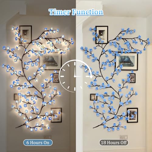 Blue Cherry Enchanted Willow Vine Lights,4FT 48 LED Cherry Blossom Lights with Remote Timer,8 Lighting Modes,LED Tree Branch Light for Wall,Cherry Blossom Wall Decor for Bedroom Living Room Windows - color: 48 LED Blue cherry blossom