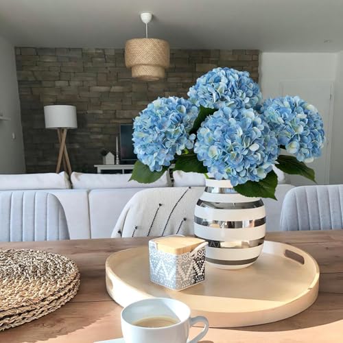 JINWOE Blue Flowers Hydrangea Artificial Flowers, 4Pcs 22" Large Lifelike Silk Artificial Hydrangeas, Full Fake Flowers for Bouquet Table Centerpieces Outdoor Wedding Indoor Home - color: Blue