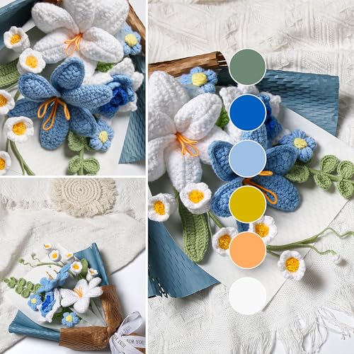 Crochet Flower Bouquet, Handmade Knitted Tulip Faux Crochet Flowers for Home Decor Valentine’s Day Anniversary Weddings Birthdays Mother’s Day, Includes Gift Bag and Greeting Card (Blue) - color: Blue