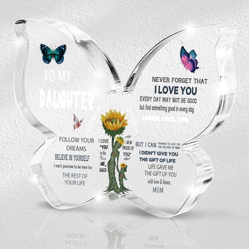 Daughter Gift from Mom, Butterfly Wing Acrylic Desk Sign, Inspirational Home Office Decor, Unique Birthday, Christmas Gift for Her - color: Black, White