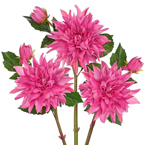 Artificial Dahlia Flowers – Set of 3 | 27.9" Tall Real-Touch Silk Dahlia Stems with Large 6.1" Blooms | Lifelike Deep Pink Faux Flowers for Home Decor, Wedding, Centerpieces & Floral Arrangements - color: Hot Pink