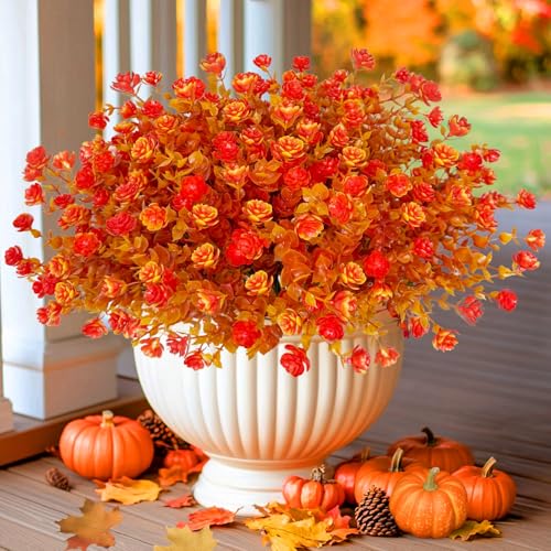 20 Bundles Artificial Fall Flowers for Outdoors Fall Thanksgiving Decorations-UV Resistant Fake Mums Faux Plant Plastic Flowers Gardens Porch Fireplace Patio Autumn Indoor Fall Decor(Gold Orange) - color: Gold Orange, size: 20 Bundles