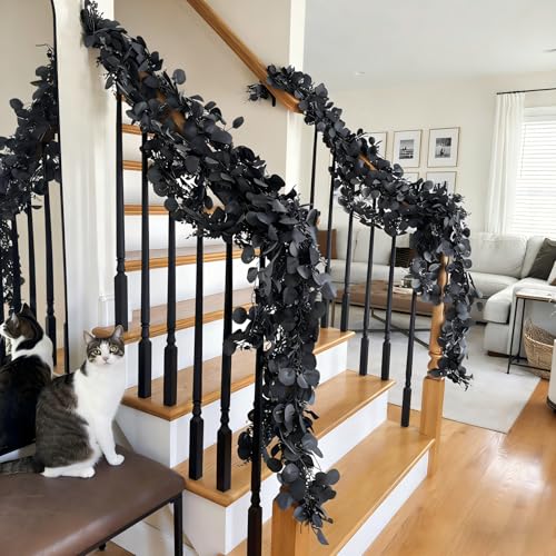 CQURE 3Pcs Eucalyptus Garland,Artificial Eucalyptus Leaves Table Greenery Garland Wreath Vines for Wedding Party Table Fireplace Bedroom Wall Room Decor - size: 17.7 Ft-Black