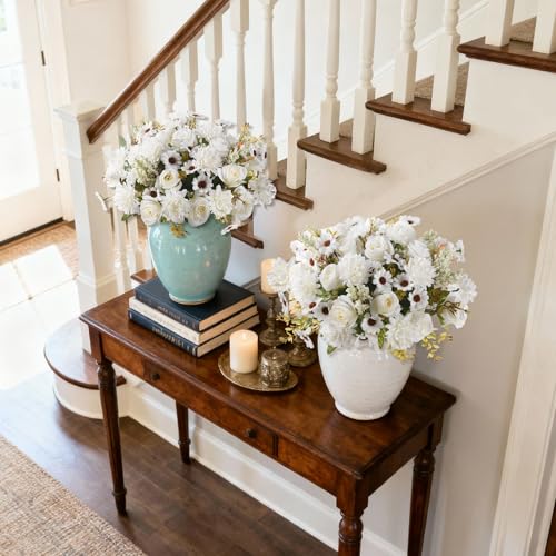 Artificial Fake Flowers for Spring Decoration, 4 Pcs Faux Silk Flower Arrangements Centerpiece for table with Chrysanthemum Rose Daisy Floral Bouquets Office Wedding Patio Porch Indoor Home Decor - color: White
