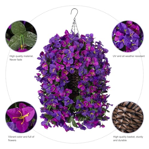 Bougainvillea Artificial Hanging Fake Flowers with Basket for Outdoors Decoration, Faux Silk Flowers UV Resistant Fake Plants Long Vines Realistic for Outside Front Door Porch, Dark Purple Fuchsia - color: Dark Purple Fuchsia