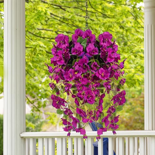 Artificial Fake Hanging Flowers Plants for Outdoor, Faux Silk Hibiscus Long Trailing Vines Realistic UV Resistant for Home Indoor Outside Front Porch Planter Patio Yard Decor,2Pcs (Purple) - color: Purple