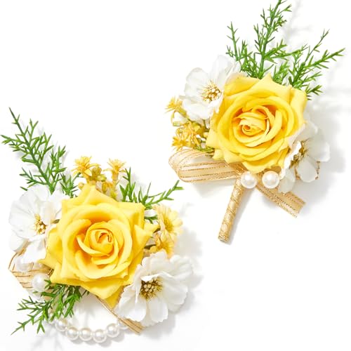 Serwalin Yellow Rose Corsage and Boutonniere Set, Artificial Silk Rose Wrist Corsage Wristlet and Boutonniere Set for Prom Homecoming Wedding Flowers Accessories Party Suit Decorations - color: Yellow, size: 1 Boutonniere & 1 Wrist Corsage - 2pcs