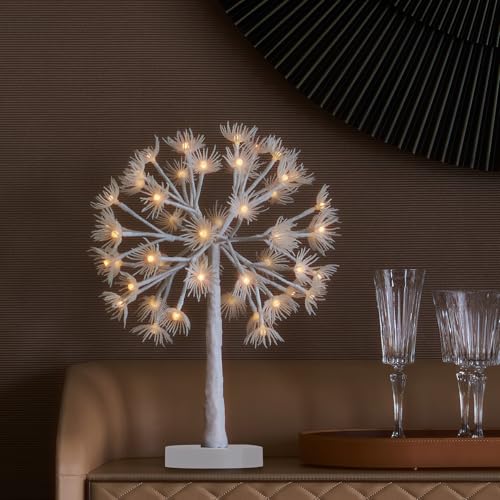 Hairui Lighted Tabletop Tree with Timer 18IN, Faux Dandelion Tree with Lights Battery Operated and USB Plug in for Room Fireplace Table Thanksgiving Christmas Decoration Inside - color: White