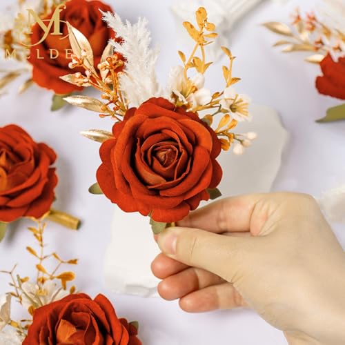 Burnt Orange Wrist Corsage and Boutonniere Set, Flower On Wrist for Bride Bridesmaid Wedding, Boutonniere for Men Groom Groomsman Wedding Accessories Prom Party Suit Decorations - color: Wrist Corsage and Boutonniere Set-orange